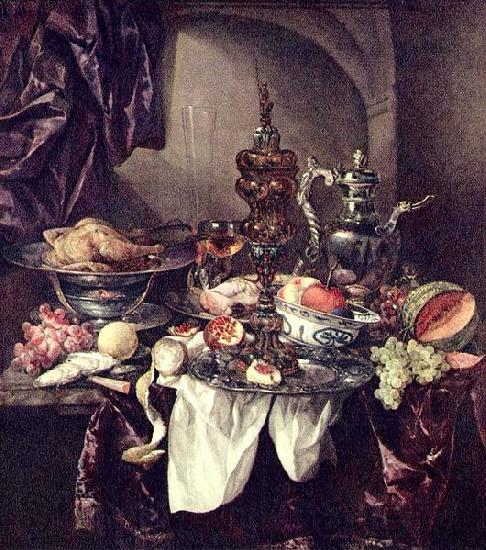 Abraham van Beijeren Still life with fruit, roast, silver- and glassware, porcelain and columbine cup on a dark tablecloth with white serviette. France oil painting art